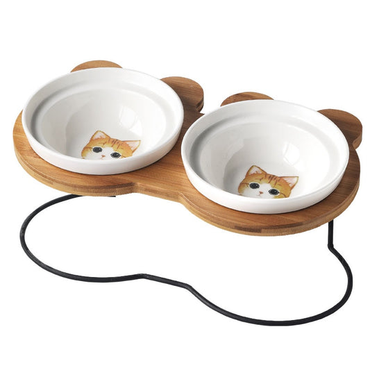 Elevated Wooden Cat Double Bowl